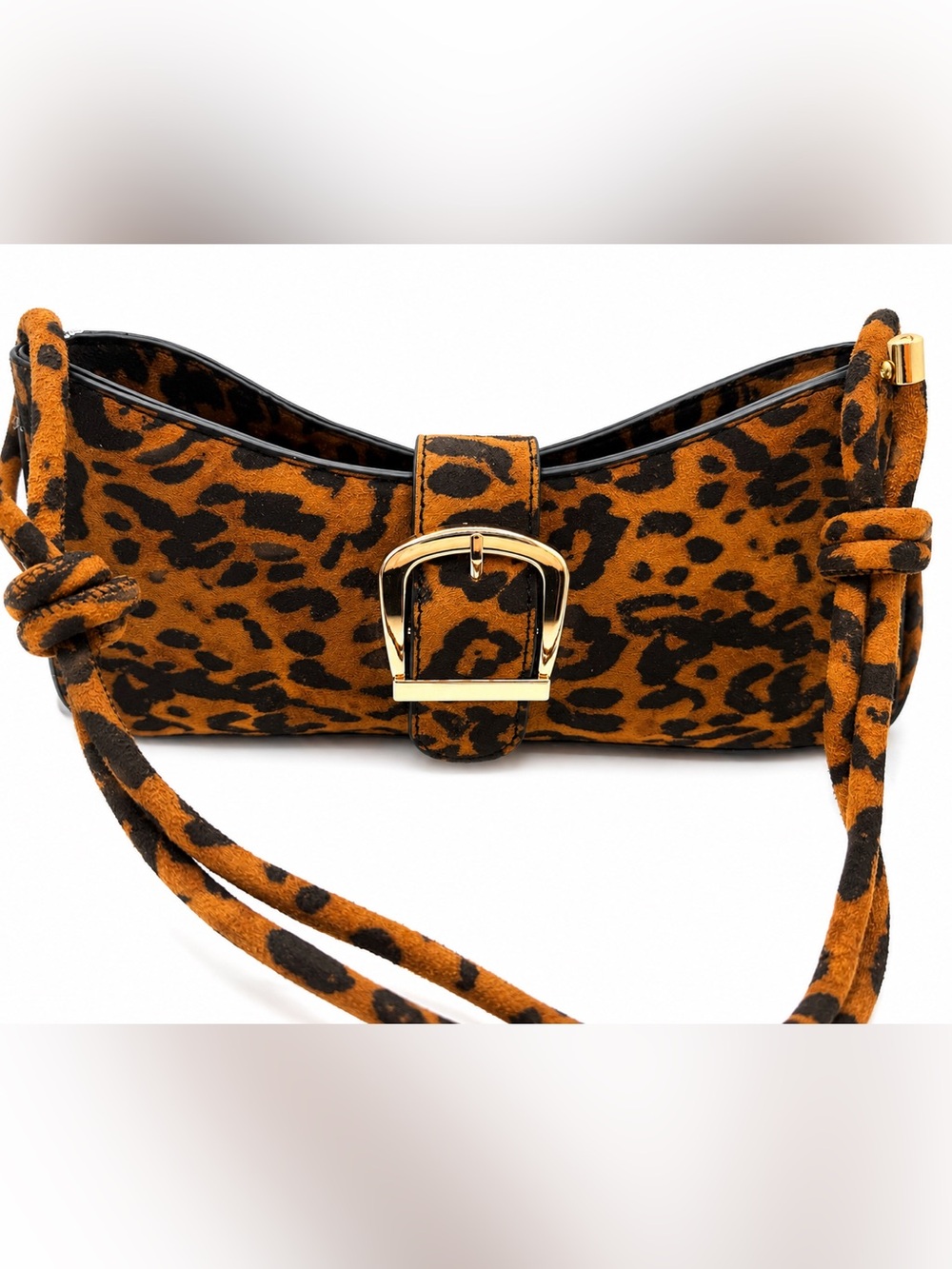 Leopard Print Mini Shoulder Bag with Gold Buckle - Brown/Black